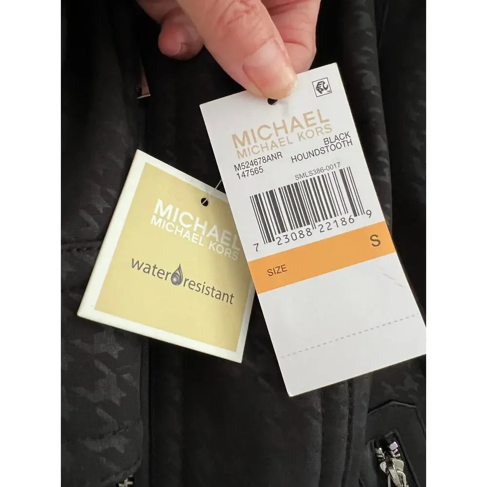 Michael Kors Weatherproof Belted Jacket Black Houndstooth Print S